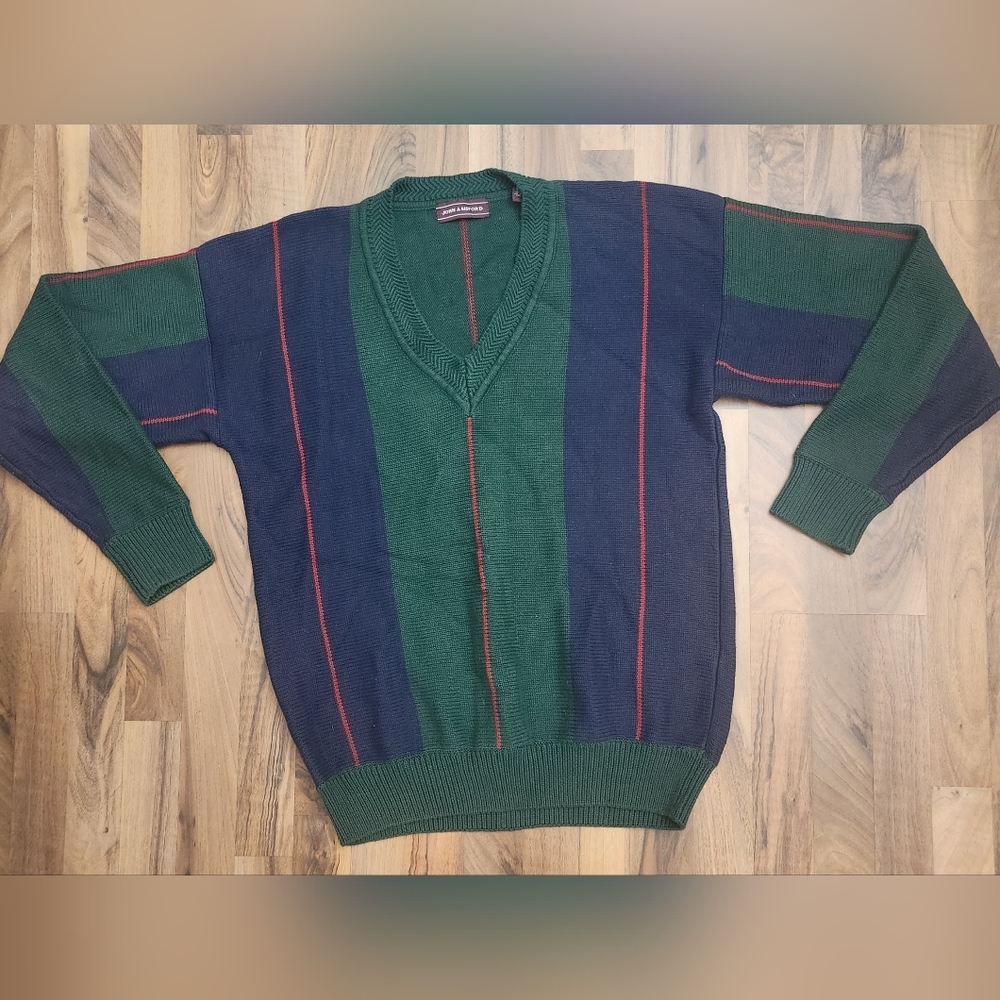 John Ashford Green, Red and Blue V-Neck Sweater Men's Multicolor Grandpa Sz XL.